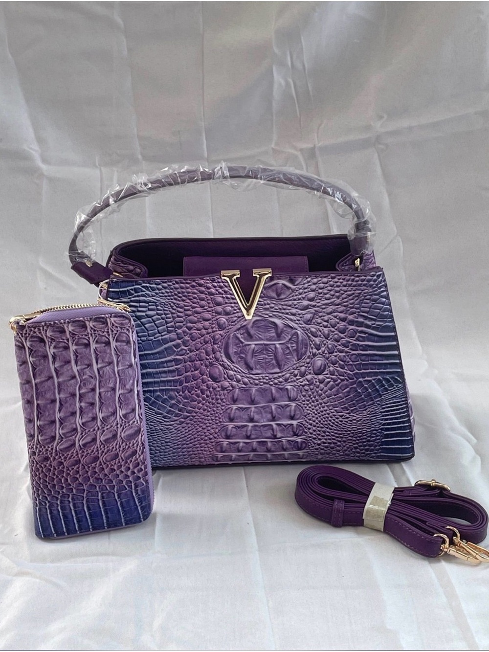 Purple Croc-Embossed Top-Handle Bag with Wallet - V Accent